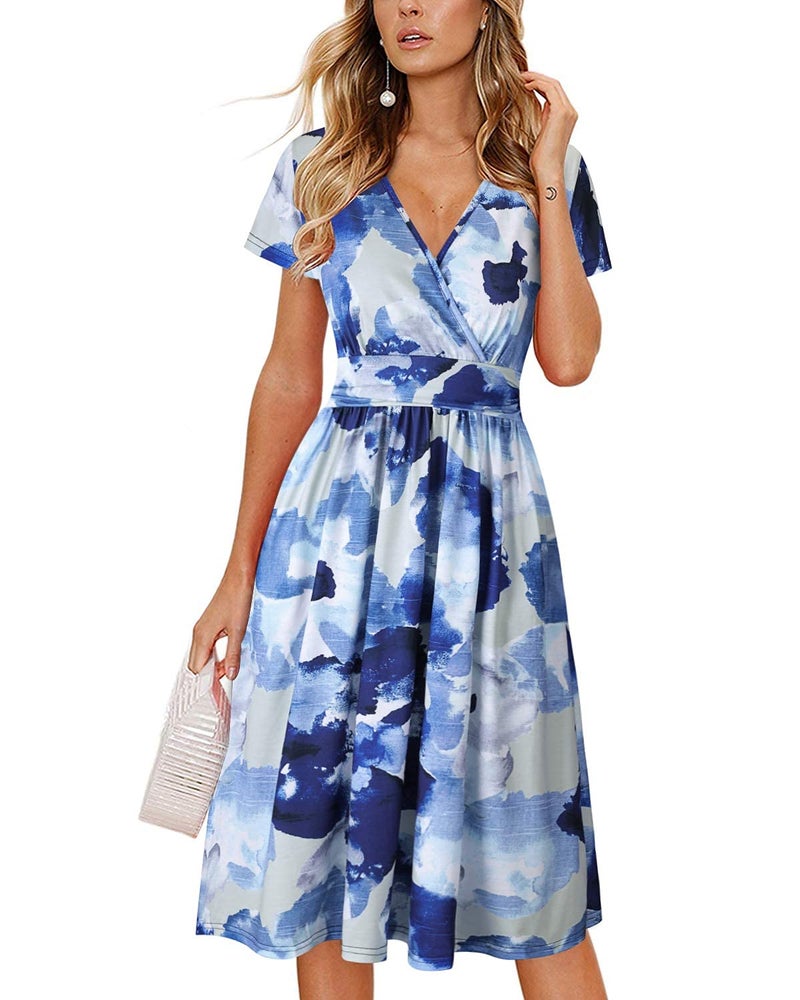 OUGES Casual Spring Summer Dress for Women 2026 Wrap V Neck A Line Midi Party Dresses with Pockets(FloralL,L) - Image 1